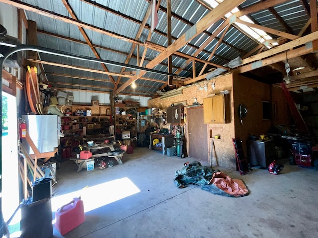 garage with a workshop area