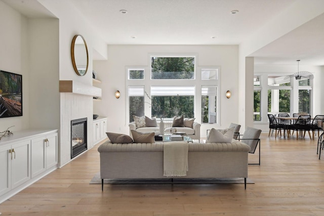 living room with light wood-type flooring and a glass covered fireplace