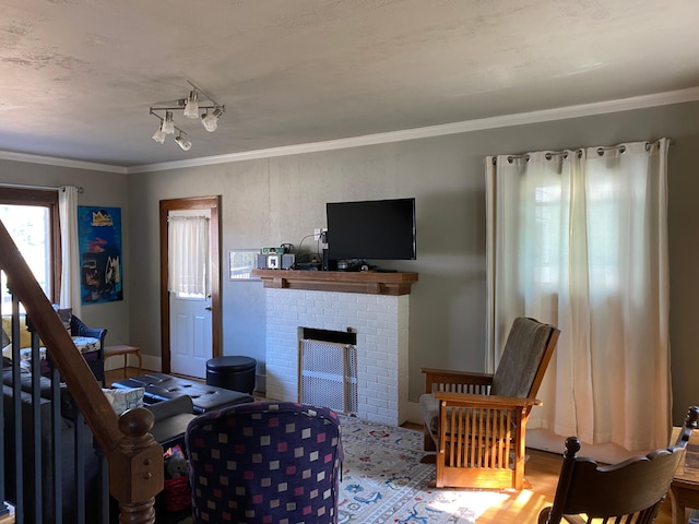 living room with wood-type flooring, a fireplace, and ornamental molding