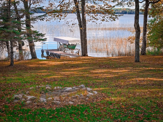 view of yard with a boat dock and a water view