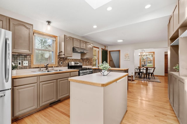 8011 Long Lake Rd, Mounds View, MN 55112 - kitchen featuring gas stove, under cabinet range hood, fridge, decorative backsplash, and light wood-style floors