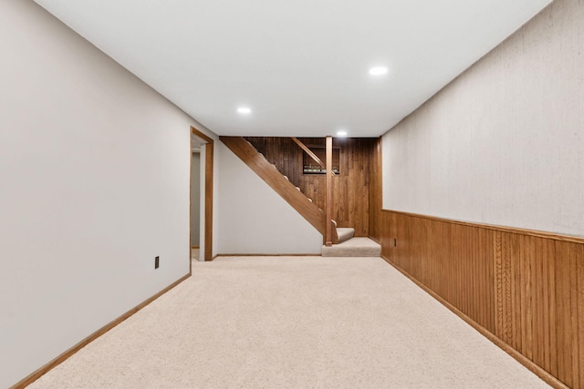 8011 Long Lake Rd, Mounds View, MN 55112 - finished below grade area featuring wooden walls, carpet flooring, recessed lighting, and stairs