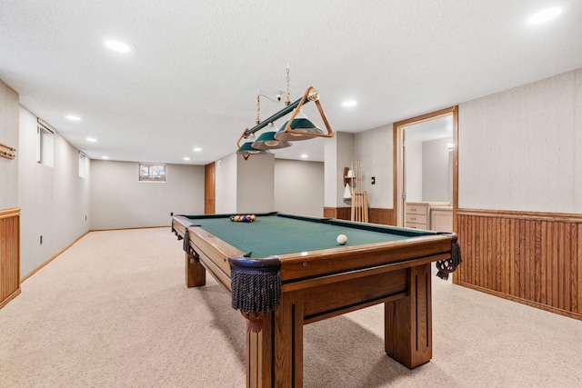 8011 Long Lake Rd, Mounds View, MN 55112 - recreation room with wooden walls, wainscoting, light colored carpet, billiards table, and recessed lighting