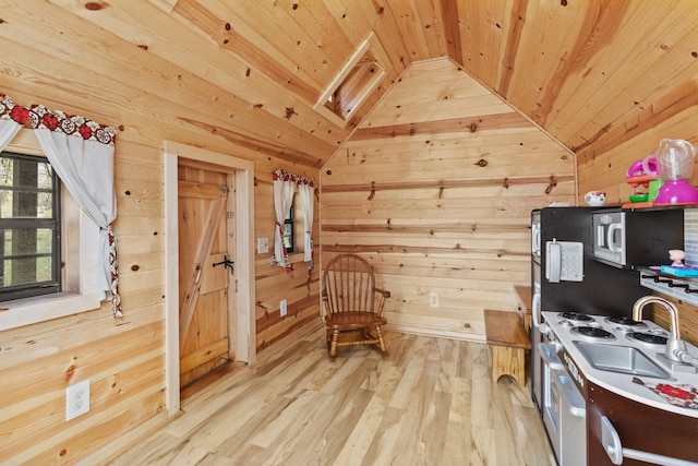 8011 Long Lake Rd, Mounds View, MN 55112 - kitchen with vaulted ceiling, wood ceiling, wood walls, and light wood finished floors