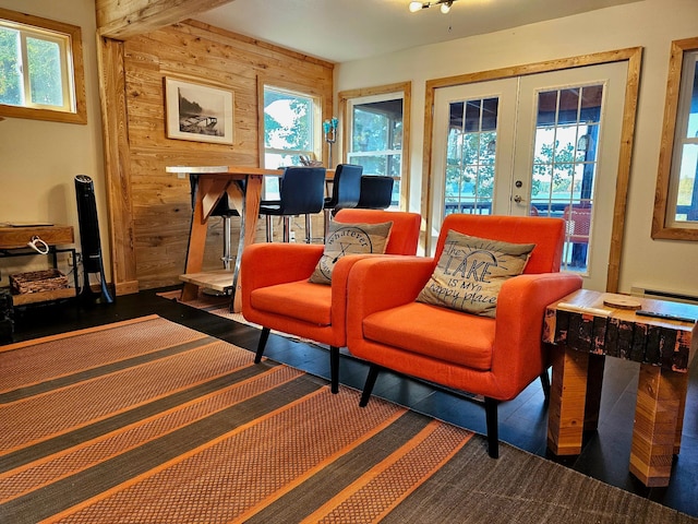 living area featuring wood walls, french doors, and a wealth of natural light