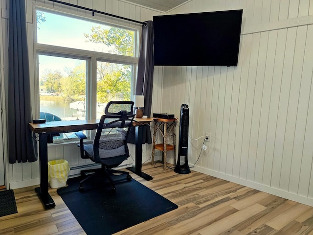 exercise room featuring light hardwood / wood-style flooring and wood walls