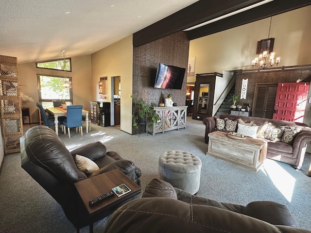 carpeted living room featuring an inviting chandelier, a textured ceiling, and lofted ceiling with beams