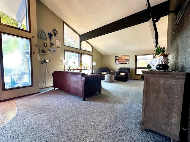 carpeted living room featuring a textured ceiling and lofted ceiling with beams