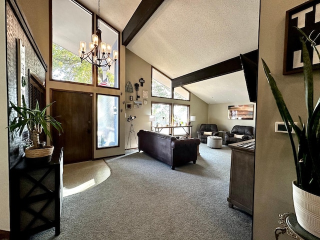 carpeted foyer with vaulted ceiling with beams, an inviting chandelier, and a textured ceiling