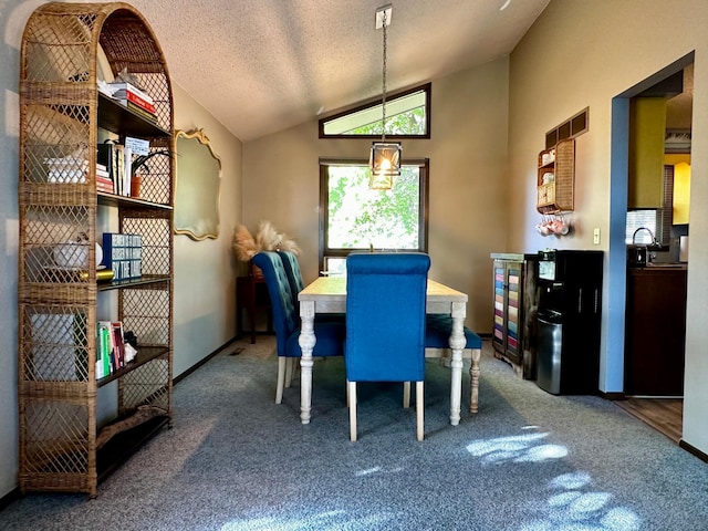 carpeted dining room featuring lofted ceiling and a textured ceiling