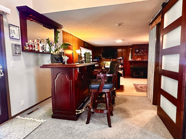 bar with a textured ceiling, wooden walls, and light colored carpet