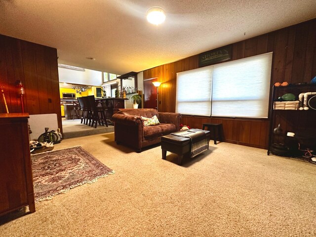 living room with wood walls, a textured ceiling, and a wealth of natural light