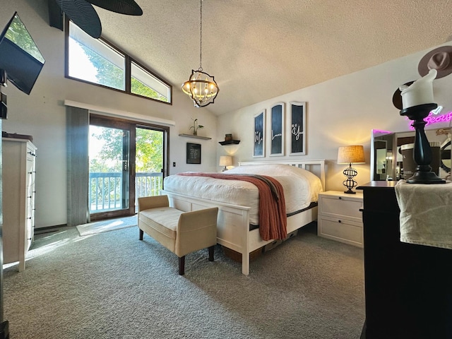 bedroom featuring carpet floors, access to exterior, high vaulted ceiling, and a textured ceiling