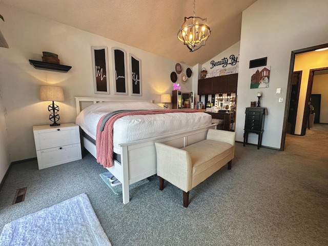 bedroom with vaulted ceiling, dark colored carpet, a textured ceiling, and an inviting chandelier