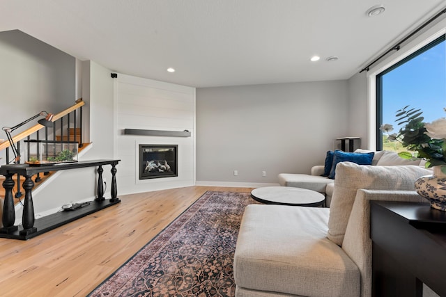 living room featuring a large fireplace and hardwood / wood-style floors