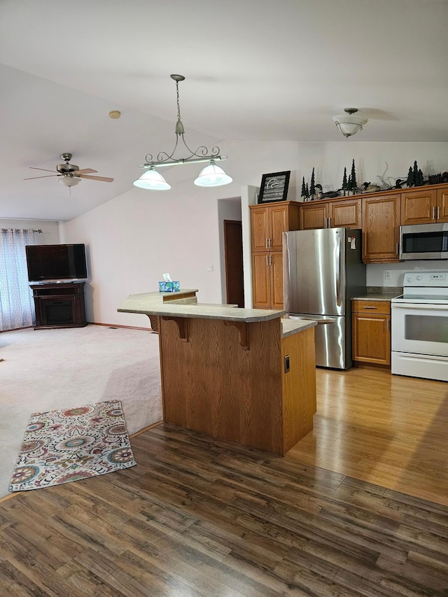 kitchen with hanging light fixtures, ceiling fan, appliances with stainless steel finishes, dark hardwood / wood-style flooring, and a kitchen bar