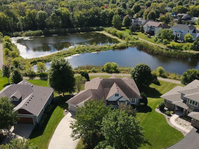 aerial view featuring a water view