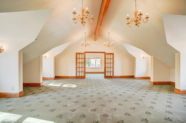 bonus room with vaulted ceiling with beams and carpet