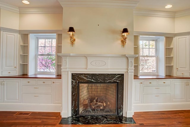 interior details featuring hardwood / wood-style flooring, crown molding, and a high end fireplace