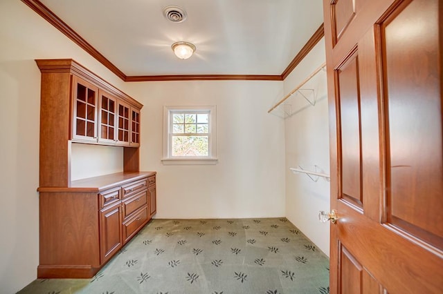 walk in closet with light colored carpet