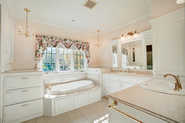 bathroom with a tub to relax in, tile patterned flooring, vanity, and ornamental molding