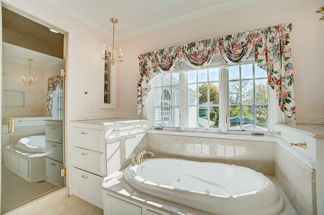 bathroom with tile patterned floors, crown molding, separate shower and tub, and an inviting chandelier