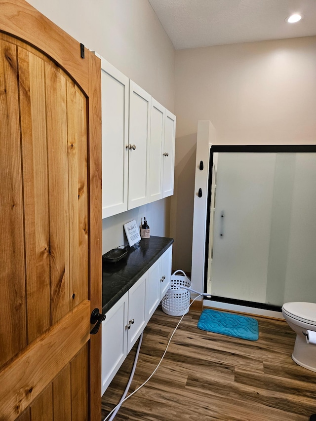 interior space with hardwood / wood-style flooring, vanity, toilet, and a shower with shower door