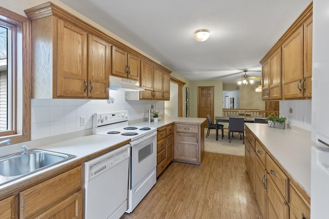 kitchen with kitchen peninsula, light hardwood / wood-style flooring, a healthy amount of sunlight, and white appliances