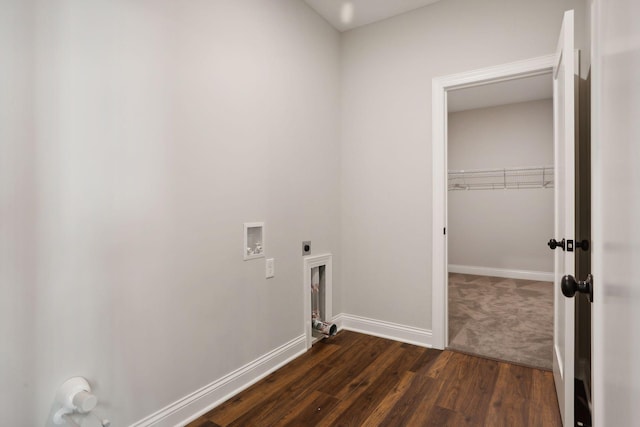 laundry room with hookup for an electric dryer, gas dryer hookup, dark hardwood / wood-style flooring, and washer hookup