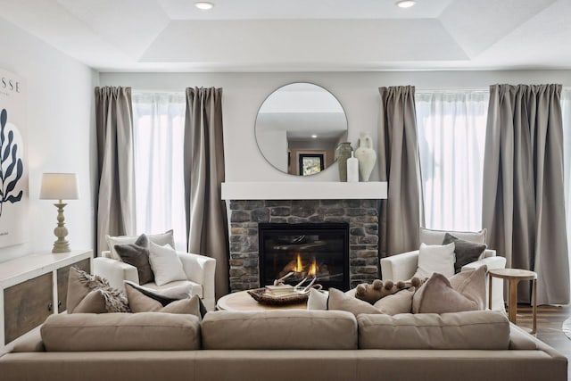 living room with hardwood / wood-style flooring, a stone fireplace, a raised ceiling, and a healthy amount of sunlight