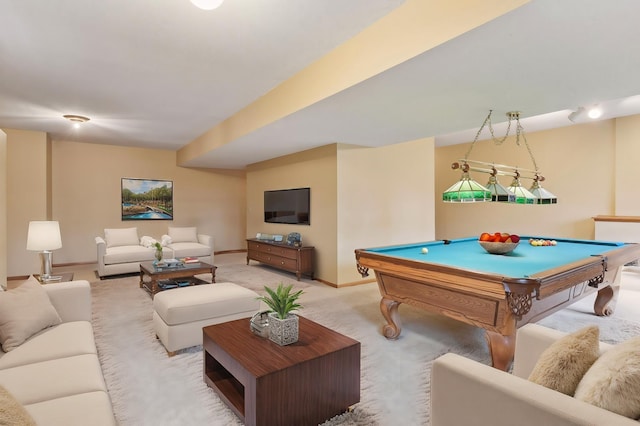 rec room with light carpet, billiards, and baseboards