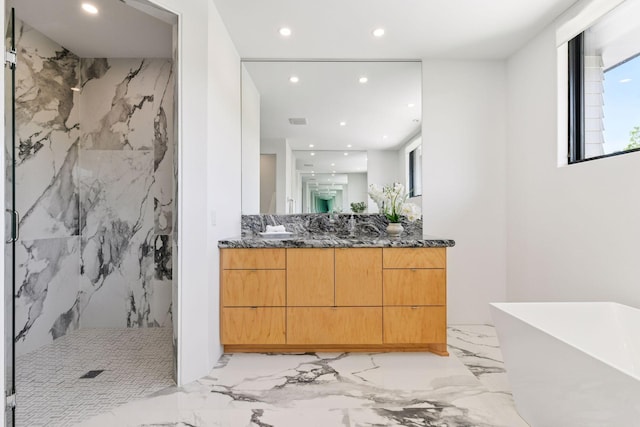 1225 Shoreline Dr, Orono, MN 55391 - bathroom with recessed lighting, marble tiled floors, a marble finish shower, and healthy amount of natural light