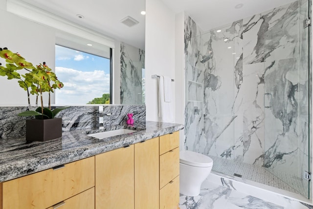 1225 Shoreline Dr, Orono, MN 55391 - bathroom with marble tiled flooring, a marble finish shower, toilet, vanity, and recessed lighting