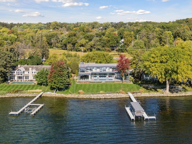 1225 Shoreline Dr, Orono, MN 55391 - dock with a water view, a forest view, and boat lift