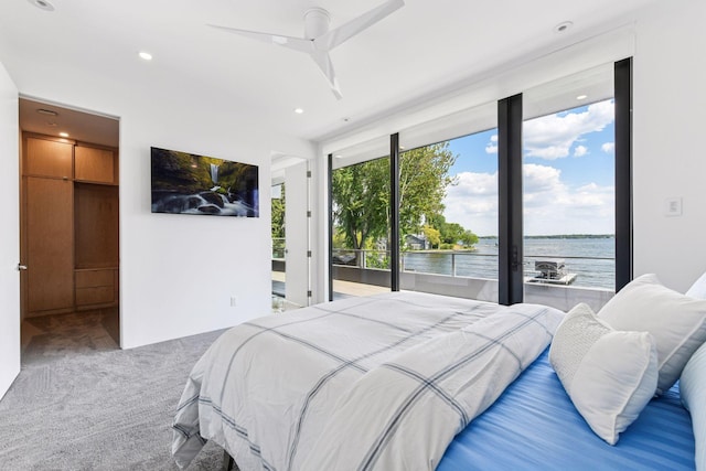1225 Shoreline Dr, Orono, MN 55391 - carpeted bedroom featuring access to outside, recessed lighting, connected bathroom, and a ceiling fan