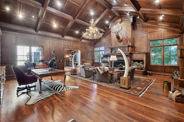 office space featuring wooden walls, hardwood / wood-style floors, wooden ceiling, and beam ceiling