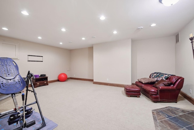 exercise room featuring carpet flooring