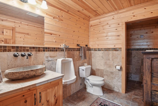 bathroom with vanity, wooden ceiling, toilet, and wood walls