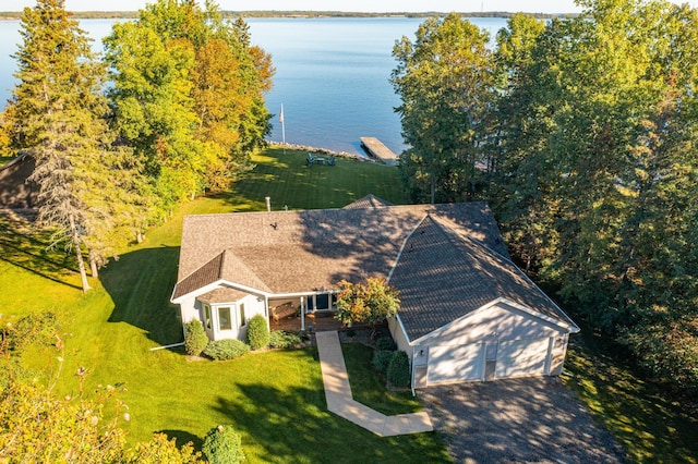 drone / aerial view featuring a water view