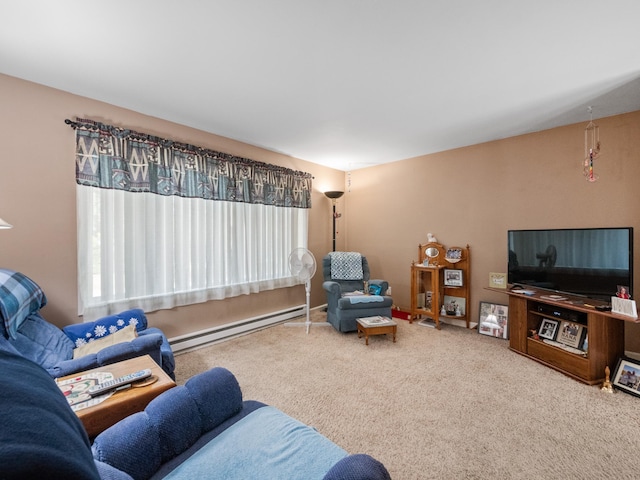 carpeted living room featuring baseboard heating