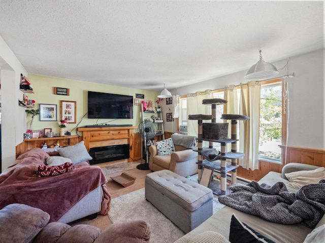 living room featuring a textured ceiling and wood walls