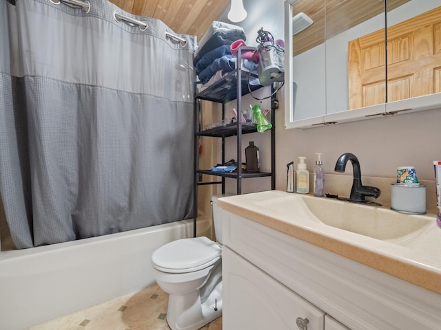 full bathroom featuring vanity, wood ceiling, toilet, and shower / bath combo