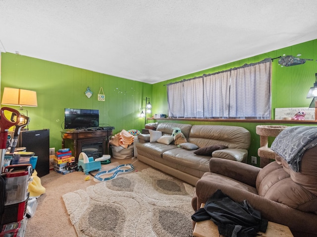 living room featuring carpet floors and a textured ceiling