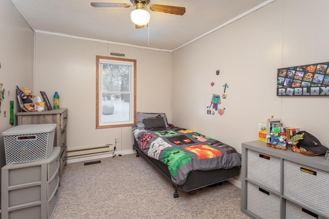 11421 Abby Ln NW, Alexandria, MN 56308 - bedroom featuring a baseboard heating unit, carpet, ornamental molding, baseboards, and a ceiling fan