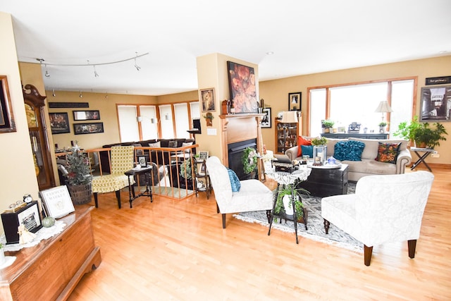 living room featuring track lighting and light hardwood / wood-style flooring