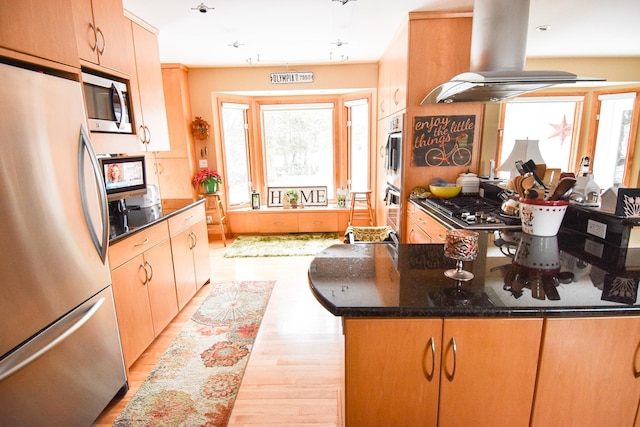 kitchen featuring light hardwood / wood-style flooring, dark stone counters, island range hood, a kitchen island, and appliances with stainless steel finishes