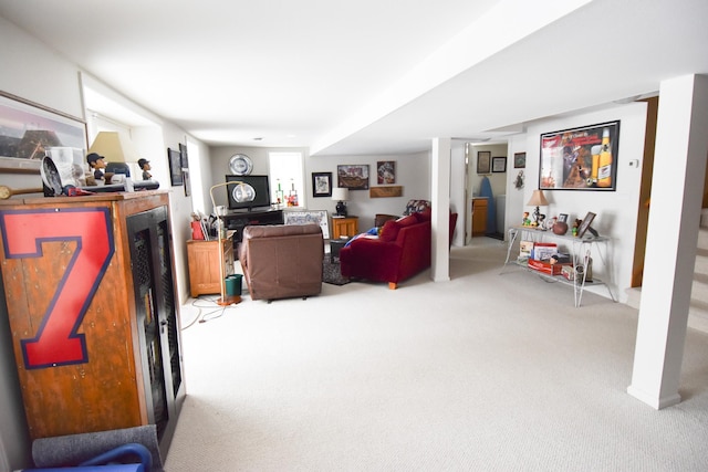 living room featuring light colored carpet