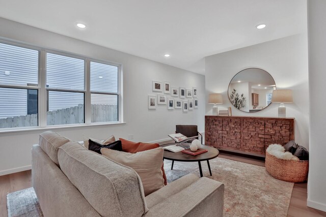 living area featuring baseboards, wood finished floors, and recessed lighting