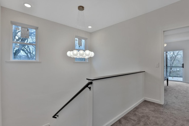 stairs featuring baseboards, carpet flooring, and recessed lighting