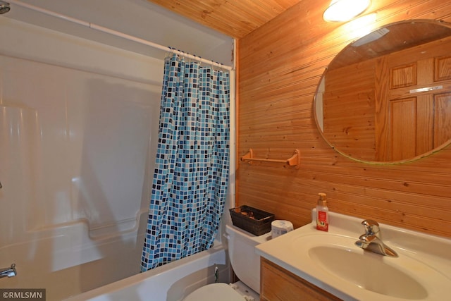 full bathroom with shower / bath combination with curtain, vanity, wood ceiling, wood walls, and toilet